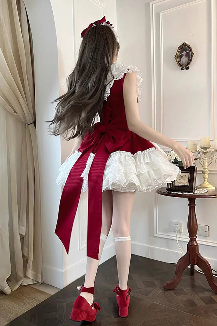 Design Concept:

This Sweet Lolita dress in vibrant red features a sleeveless design with layered frills, delicate ribbon accents, and lace detailing. The asymmetric hem adds a playful and elegant touch, creating a charming princess-inspired silhouette. Perfect for cosplay, special occasions, or completing a sweet Lolita wardrobe, this dress combines a feminine aesthetic with whimsical style.