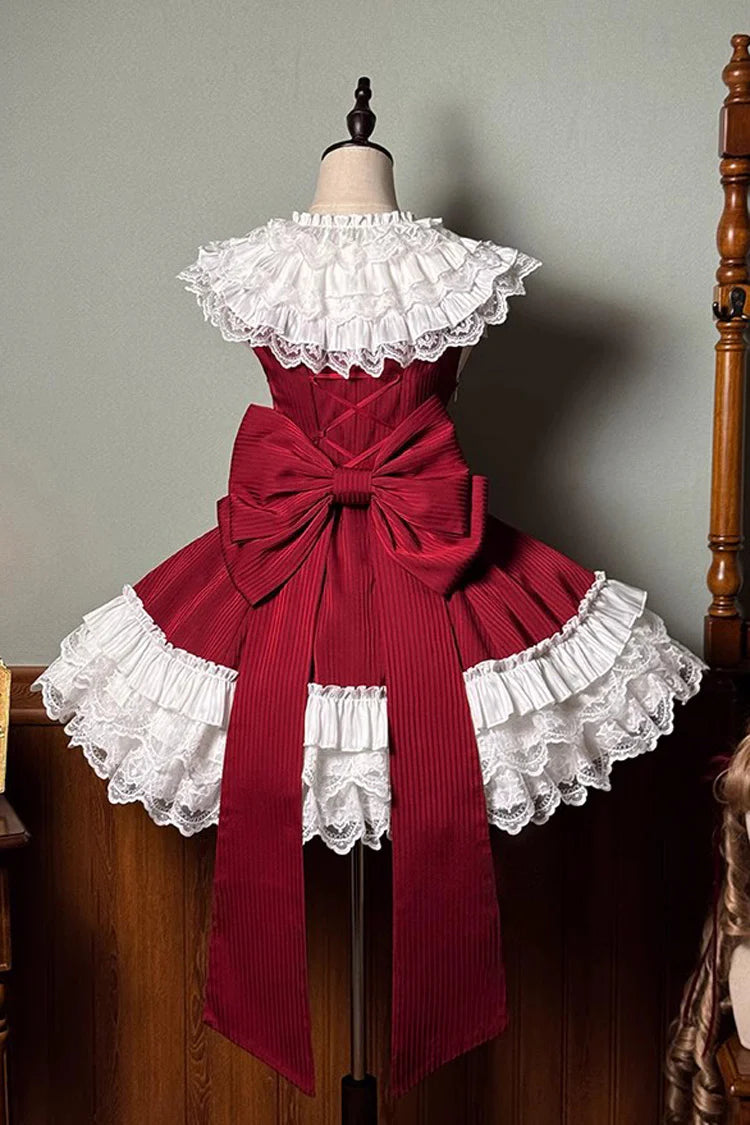 Design Concept:

This Sweet Lolita dress in vibrant red features a sleeveless design with layered frills, delicate ribbon accents, and lace detailing. The asymmetric hem adds a playful and elegant touch, creating a charming princess-inspired silhouette. Perfect for cosplay, special occasions, or completing a sweet Lolita wardrobe, this dress combines a feminine aesthetic with whimsical style.
