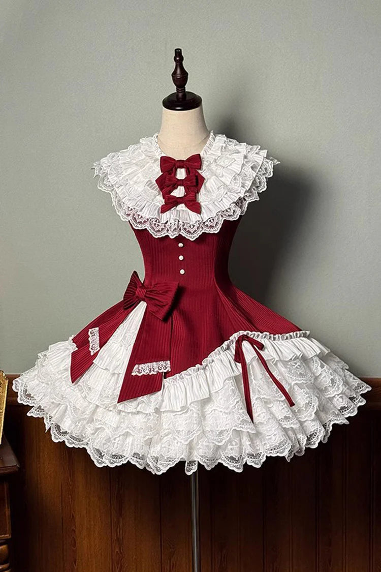 Design Concept:

This Sweet Lolita dress in vibrant red features a sleeveless design with layered frills, delicate ribbon accents, and lace detailing. The asymmetric hem adds a playful and elegant touch, creating a charming princess-inspired silhouette. Perfect for cosplay, special occasions, or completing a sweet Lolita wardrobe, this dress combines a feminine aesthetic with whimsical style.