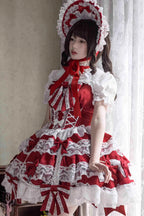 Design Concept:
Elevate your wardrobe with this Sweet Lolita red JSK dress, designed in a sleeveless style with layered ruffles, delicate lace, and dainty ribbon bow accents. The vibrant red hue brings a bold yet graceful charm, while the cascading silhouette creates a dreamy and romantic aesthetic. Perfect for tea parties, photoshoots, or elegant gatherings, this dress captures the essence of sweet Lolita fashion with its enchanting details and flattering design. Comfortable and versatile, it’s a must-have