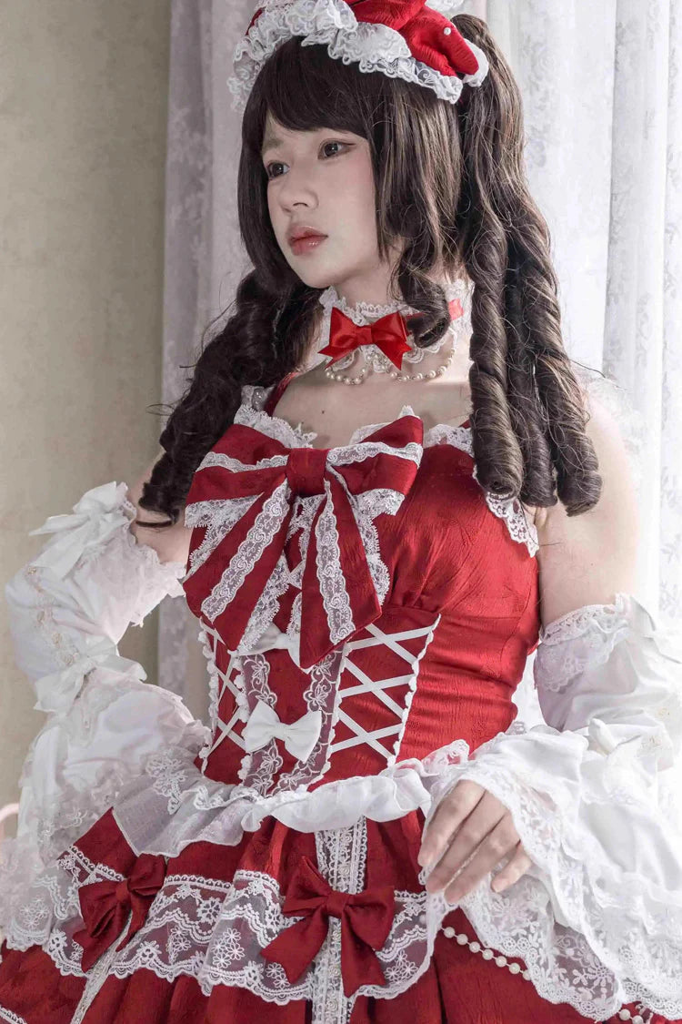 Design Concept:
Elevate your wardrobe with this Sweet Lolita red JSK dress, designed in a sleeveless style with layered ruffles, delicate lace, and dainty ribbon bow accents. The vibrant red hue brings a bold yet graceful charm, while the cascading silhouette creates a dreamy and romantic aesthetic. Perfect for tea parties, photoshoots, or elegant gatherings, this dress captures the essence of sweet Lolita fashion with its enchanting details and flattering design. Comfortable and versatile, it’s a must-have