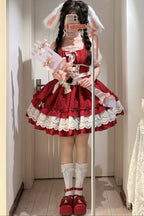 Design Concept:

This Sweet Lolita dress in vibrant red features an off-shoulder design with short sleeves, frill accents, and delicate ribbon lace detailing. The princess-inspired silhouette creates a charming and feminine look, perfect for tea parties, cosplay, or special occasions. Crafted with attention to detail, this dress combines elegance with playful Lolita charm.