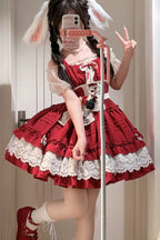 Design Concept:

This Sweet Lolita dress in vibrant red features an off-shoulder design with short sleeves, frill accents, and delicate ribbon lace detailing. The princess-inspired silhouette creates a charming and feminine look, perfect for tea parties, cosplay, or special occasions. Crafted with attention to detail, this dress combines elegance with playful Lolita charm.