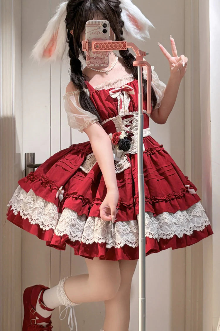Design Concept:

This Sweet Lolita dress in vibrant red features an off-shoulder design with short sleeves, frill accents, and delicate ribbon lace detailing. The princess-inspired silhouette creates a charming and feminine look, perfect for tea parties, cosplay, or special occasions. Crafted with attention to detail, this dress combines elegance with playful Lolita charm.