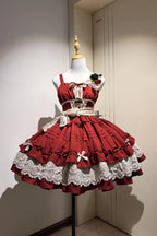 Design Concept:

This Sweet Lolita dress in vibrant red features an off-shoulder design with short sleeves, frill accents, and delicate ribbon lace detailing. The princess-inspired silhouette creates a charming and feminine look, perfect for tea parties, cosplay, or special occasions. Crafted with attention to detail, this dress combines elegance with playful Lolita charm.