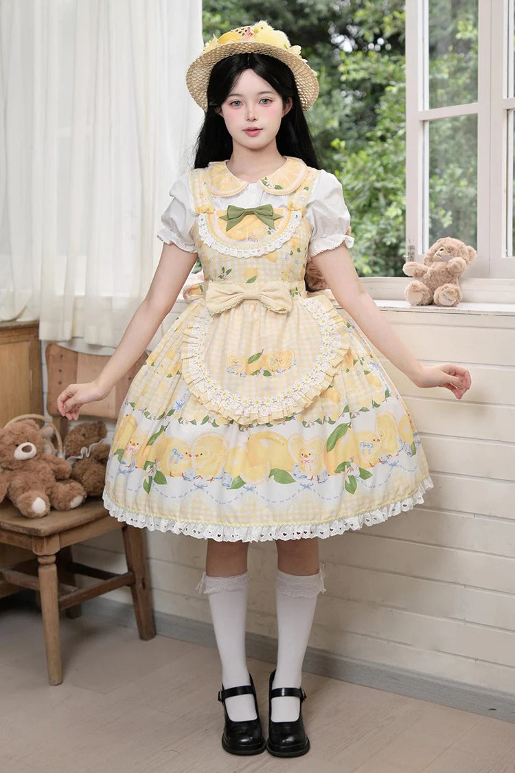 Radiate cheerful elegance with this Sweet Lolita yellow JSK dress, adorned with delicate printed patterns that add a lively touch. The sleeveless design is highlighted by soft ruffles, charming ribbons, and intricate lace detailing, creating a graceful and sweet silhouette. Its layered structure brings volume and flow, while the bow accents enhance its playful charm. Perfect for tea parties, fashion gatherings, or themed photoshoots, this dress combines comfort with eye-catching beauty. A delightful choice 