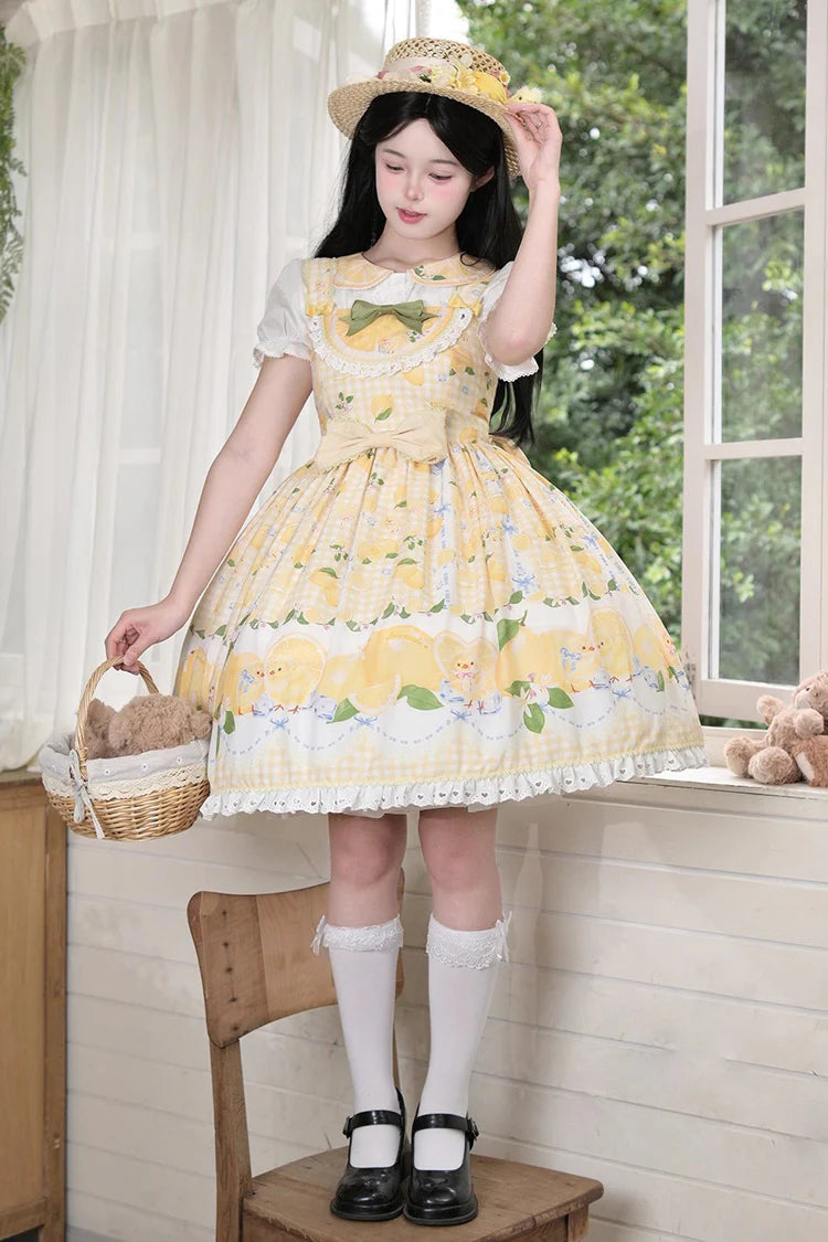 Radiate cheerful elegance with this Sweet Lolita yellow JSK dress, adorned with delicate printed patterns that add a lively touch. The sleeveless design is highlighted by soft ruffles, charming ribbons, and intricate lace detailing, creating a graceful and sweet silhouette. Its layered structure brings volume and flow, while the bow accents enhance its playful charm. Perfect for tea parties, fashion gatherings, or themed photoshoots, this dress combines comfort with eye-catching beauty. A delightful choice 