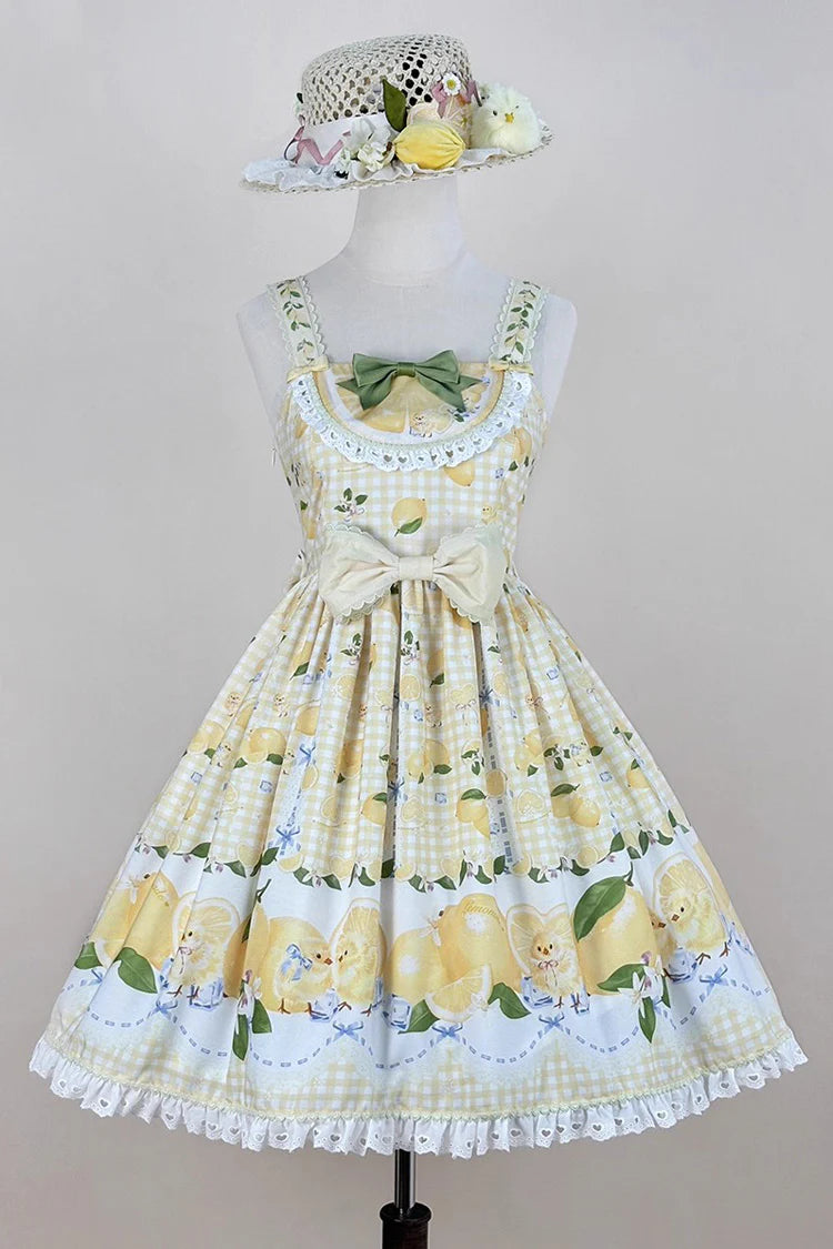 Radiate cheerful elegance with this Sweet Lolita yellow JSK dress, adorned with delicate printed patterns that add a lively touch. The sleeveless design is highlighted by soft ruffles, charming ribbons, and intricate lace detailing, creating a graceful and sweet silhouette. Its layered structure brings volume and flow, while the bow accents enhance its playful charm. Perfect for tea parties, fashion gatherings, or themed photoshoots, this dress combines comfort with eye-catching beauty. A delightful choice 