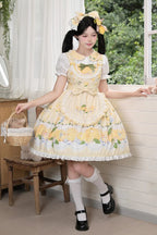 Radiate cheerful elegance with this Sweet Lolita yellow JSK dress, adorned with delicate printed patterns that add a lively touch. The sleeveless design is highlighted by soft ruffles, charming ribbons, and intricate lace detailing, creating a graceful and sweet silhouette. Its layered structure brings volume and flow, while the bow accents enhance its playful charm. Perfect for tea parties, fashion gatherings, or themed photoshoots, this dress combines comfort with eye-catching beauty. A delightful choice 