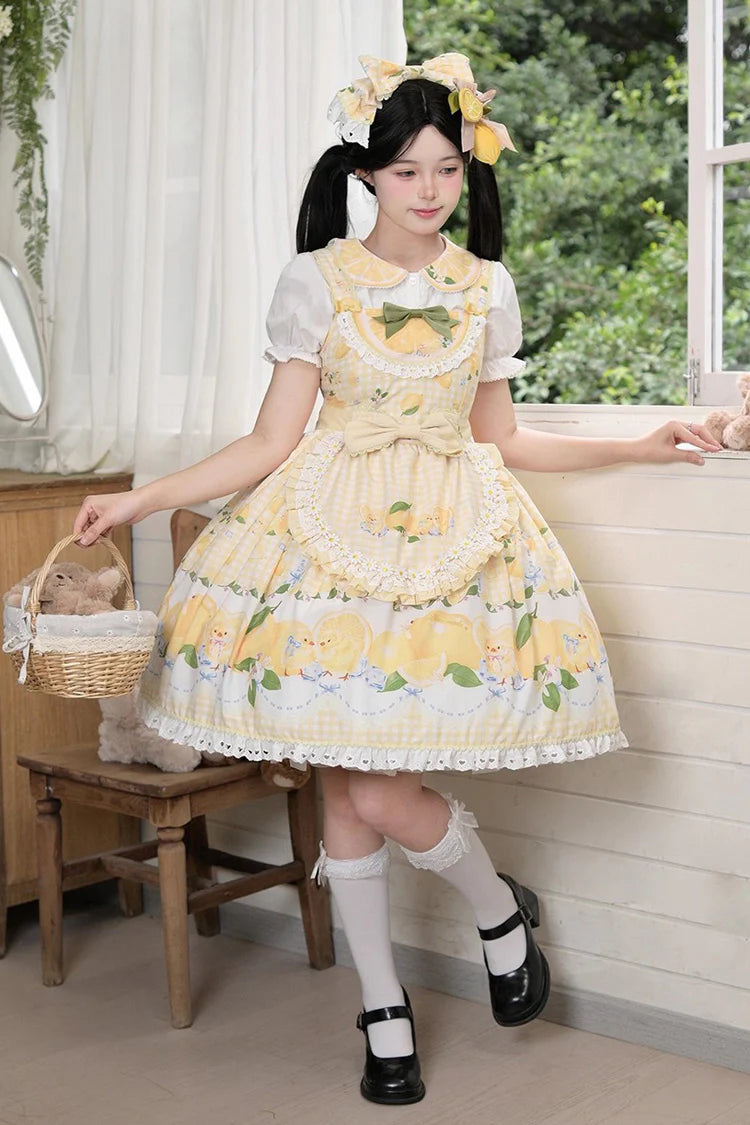 Radiate cheerful elegance with this Sweet Lolita yellow JSK dress, adorned with delicate printed patterns that add a lively touch. The sleeveless design is highlighted by soft ruffles, charming ribbons, and intricate lace detailing, creating a graceful and sweet silhouette. Its layered structure brings volume and flow, while the bow accents enhance its playful charm. Perfect for tea parties, fashion gatherings, or themed photoshoots, this dress combines comfort with eye-catching beauty. A delightful choice 