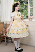 Radiate cheerful elegance with this Sweet Lolita yellow JSK dress, adorned with delicate printed patterns that add a lively touch. The sleeveless design is highlighted by soft ruffles, charming ribbons, and intricate lace detailing, creating a graceful and sweet silhouette. Its layered structure brings volume and flow, while the bow accents enhance its playful charm. Perfect for tea parties, fashion gatherings, or themed photoshoots, this dress combines comfort with eye-catching beauty. A delightful choice 
