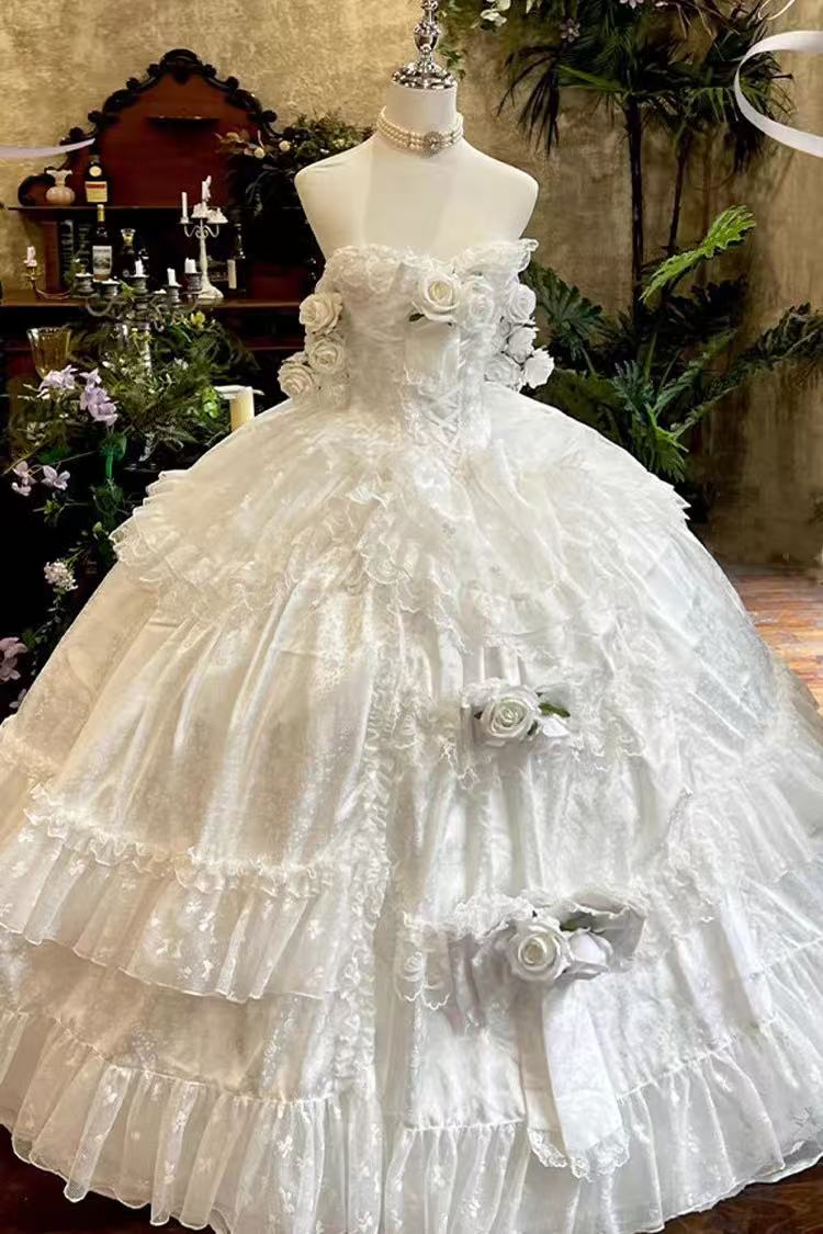 Design Concept:

This Sweet Lolita JSK dress in white features elegant frilled details, blossom-inspired accents, and delicate ribbon lace embellishments. The princess-style silhouette creates a graceful and feminine charm, blending sweetness with refined elegance. Perfect for tea parties, photoshoots, or daily Lolita wear, this dress captures the essence of fairytale romance.