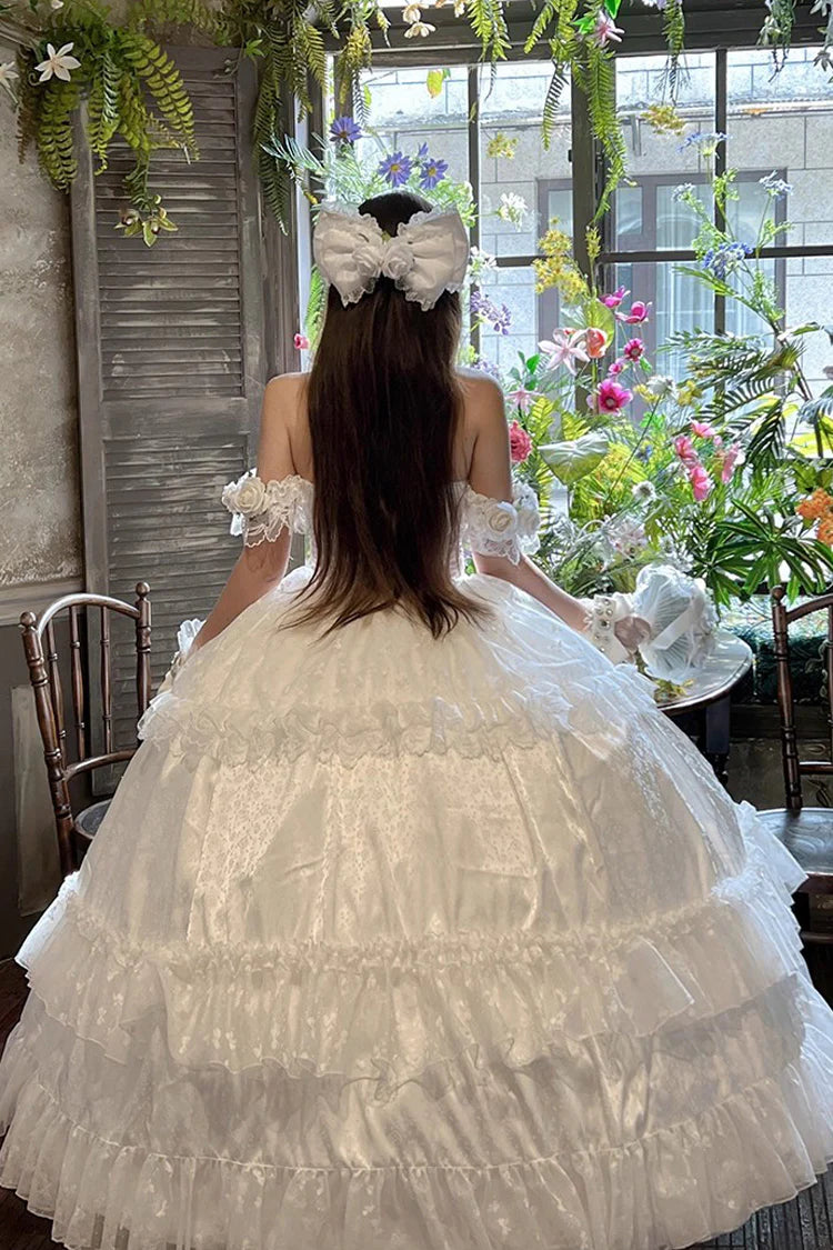 Design Concept:

This Sweet Lolita JSK dress in white features elegant frilled details, blossom-inspired accents, and delicate ribbon lace embellishments. The princess-style silhouette creates a graceful and feminine charm, blending sweetness with refined elegance. Perfect for tea parties, photoshoots, or daily Lolita wear, this dress captures the essence of fairytale romance.