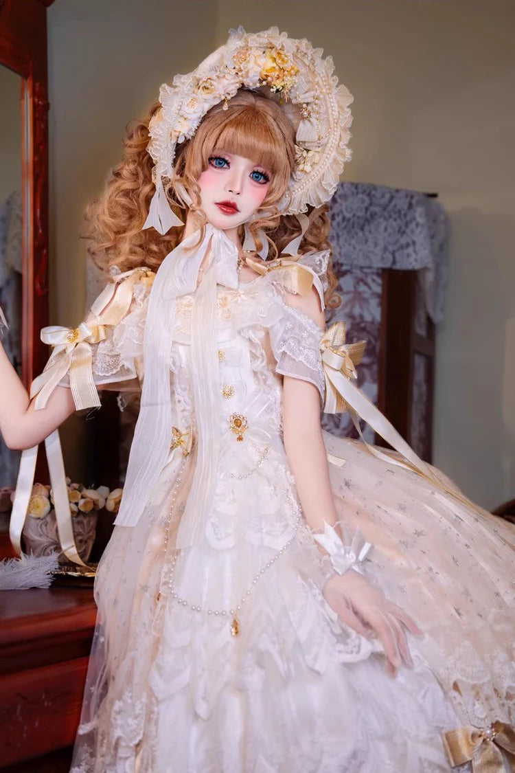 Design Concept:

This Sweet Lolita yellow off shoulder dress captures the charm of a dreamy bridal aesthetic with a touch of summer brightness. The neckline is styled with delicate frills that highlight the graceful off shoulder design, while layered lace and a statement bow at the waist create a soft, romantic silhouette. The flowing skirt adds volume and elegance, making it perfect for tea parties, special gatherings, or bridal-inspired Lolita coordinates. The warm yellow tone brings a cheerful yet refine