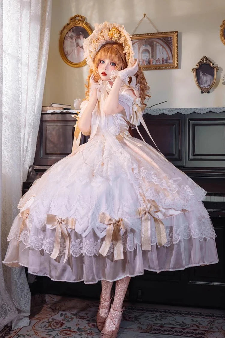 Design Concept:

This Sweet Lolita yellow off shoulder dress captures the charm of a dreamy bridal aesthetic with a touch of summer brightness. The neckline is styled with delicate frills that highlight the graceful off shoulder design, while layered lace and a statement bow at the waist create a soft, romantic silhouette. The flowing skirt adds volume and elegance, making it perfect for tea parties, special gatherings, or bridal-inspired Lolita coordinates. The warm yellow tone brings a cheerful yet refine