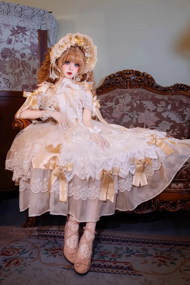 Design Concept:

This Sweet Lolita yellow off shoulder dress captures the charm of a dreamy bridal aesthetic with a touch of summer brightness. The neckline is styled with delicate frills that highlight the graceful off shoulder design, while layered lace and a statement bow at the waist create a soft, romantic silhouette. The flowing skirt adds volume and elegance, making it perfect for tea parties, special gatherings, or bridal-inspired Lolita coordinates. The warm yellow tone brings a cheerful yet refine