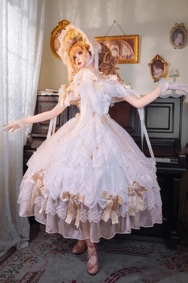 Design Concept:

This Sweet Lolita yellow off shoulder dress captures the charm of a dreamy bridal aesthetic with a touch of summer brightness. The neckline is styled with delicate frills that highlight the graceful off shoulder design, while layered lace and a statement bow at the waist create a soft, romantic silhouette. The flowing skirt adds volume and elegance, making it perfect for tea parties, special gatherings, or bridal-inspired Lolita coordinates. The warm yellow tone brings a cheerful yet refine