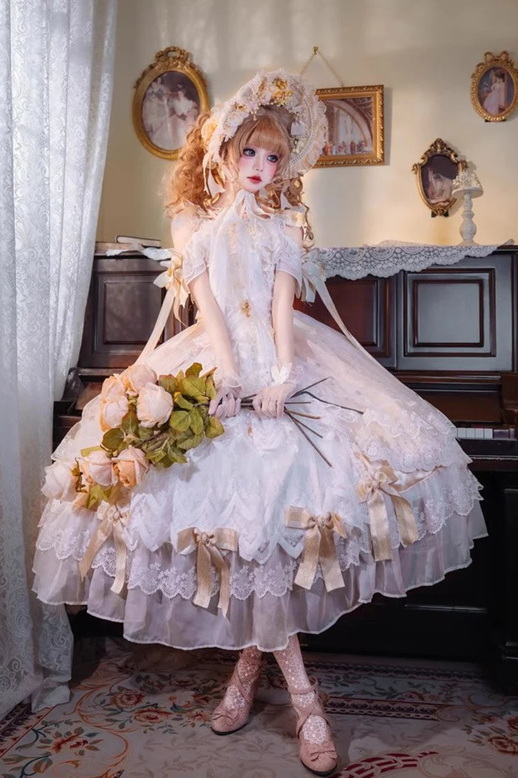 Design Concept:

This Sweet Lolita yellow off shoulder dress captures the charm of a dreamy bridal aesthetic with a touch of summer brightness. The neckline is styled with delicate frills that highlight the graceful off shoulder design, while layered lace and a statement bow at the waist create a soft, romantic silhouette. The flowing skirt adds volume and elegance, making it perfect for tea parties, special gatherings, or bridal-inspired Lolita coordinates. The warm yellow tone brings a cheerful yet refine