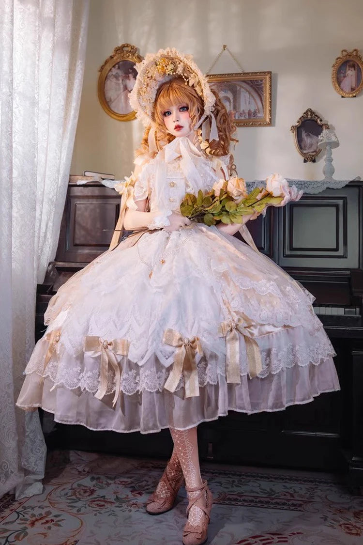 Design Concept:

This Sweet Lolita yellow off shoulder dress captures the charm of a dreamy bridal aesthetic with a touch of summer brightness. The neckline is styled with delicate frills that highlight the graceful off shoulder design, while layered lace and a statement bow at the waist create a soft, romantic silhouette. The flowing skirt adds volume and elegance, making it perfect for tea parties, special gatherings, or bridal-inspired Lolita coordinates. The warm yellow tone brings a cheerful yet refine