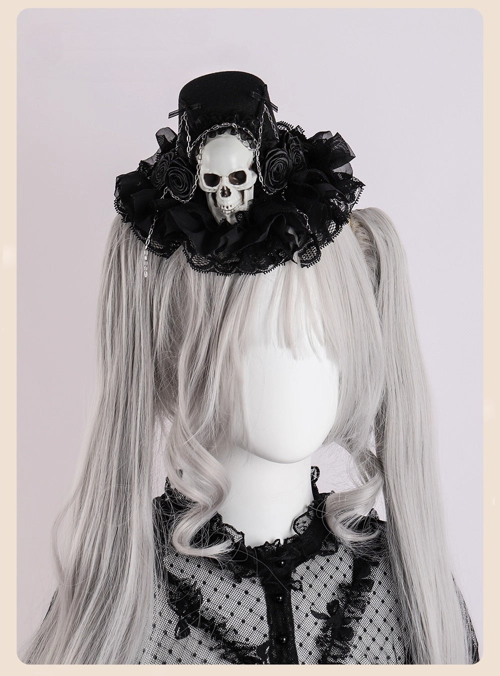 Design Concept:
This Gothic Lolita mini hat collection captures a mysterious yet elegant Halloween charm. Crafted in deep black with intricate lace trim, each design adds a touch of vintage sophistication to your look. The Rose Chain Mini Hat features delicate rose accents paired with draping chain details, while the Spider Web Mini Hat is adorned with lace patterns that echo the haunting allure of midnight webs. Both styles balance dark romance with theatrical flair, making them perfect for Gothic-inspired