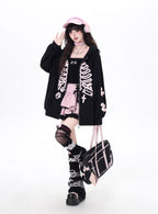 Design Concept:

This Sweet Lolita hoodie combines a soft streetwear aesthetic with refined embroidery detailing, making it both casual and elegant. Available in classic black and delicate pink, the design balances comfort and charm with its oversized silhouette. The intricate embroidery adds a touch of craftsmanship, while the loose fit ensures ease of movement for daily wear. Perfect for autumn outings, this hoodie captures a cozy yet fashionable vibe, making it an essential piece for casual wardrobes wit