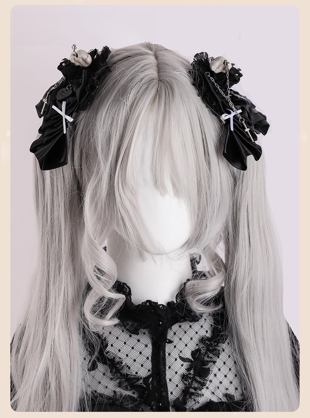 Design Concept:
This Gothic-inspired accessory embraces the eerie elegance of a Skull Bride theme. Crafted in black with a striking skull heart design, the piece is accented by a delicate cross motif, blending dark romance with Lolita charm. The lace details enhance its vintage flair, making it a statement piece for cosplay events, themed parties, or collectors of gothic accessories.