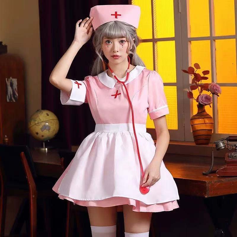 [Pre]Maid Outfit Nurse Dress Pink Bow Halloween Cosplay Costumes for Women