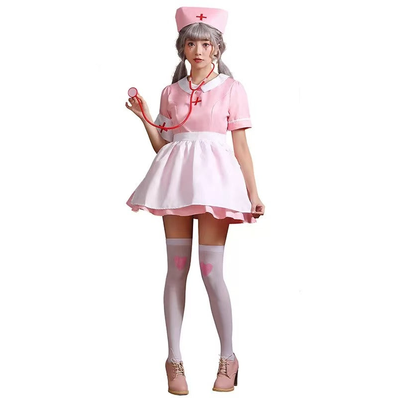 [Pre]Maid Outfit Nurse Dress Pink Bow Halloween Cosplay Costumes for Women