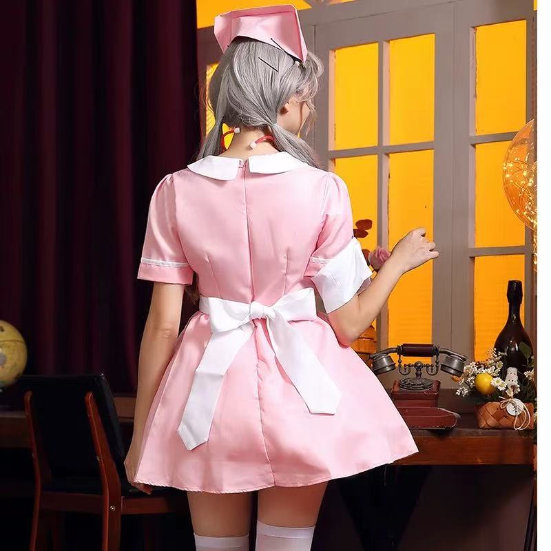 [Pre]Maid Outfit Nurse Dress Pink Bow Halloween Cosplay Costumes for Women