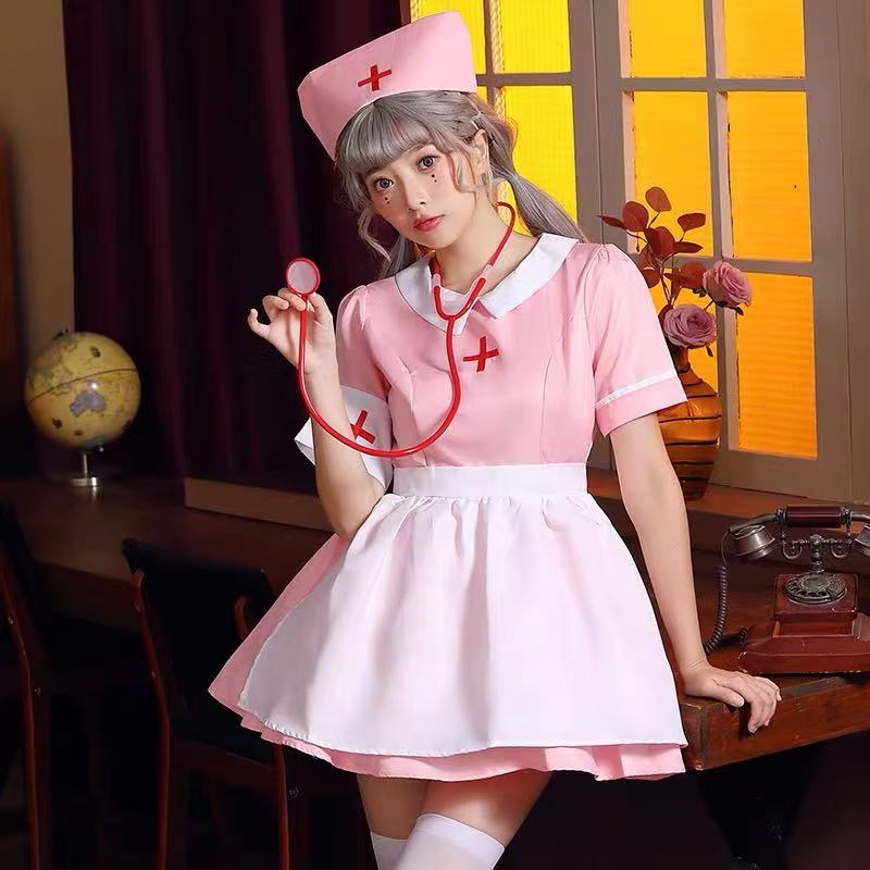[Pre]Maid Outfit Nurse Dress Pink Bow Halloween Cosplay Costumes for Women