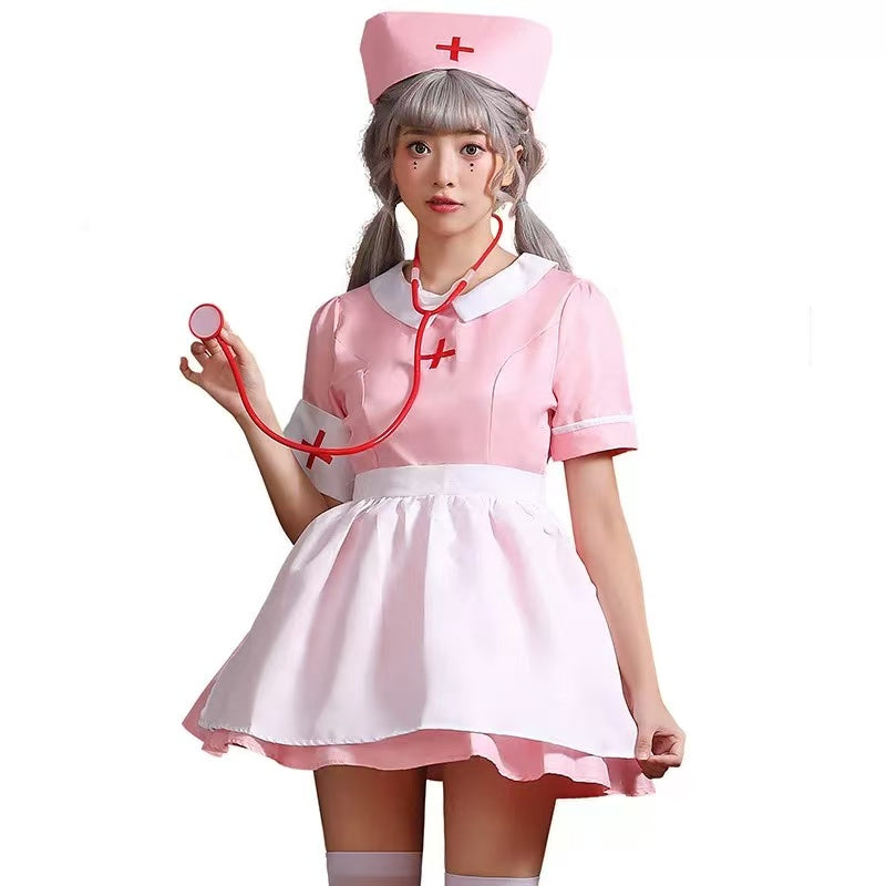 [Pre]Maid Outfit Nurse Dress Pink Bow Halloween Cosplay Costumes for Women