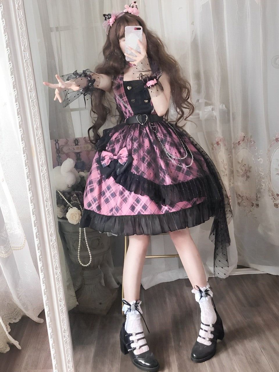 Punk Lolita Pink-Black with Bow Ruffle Plaid Cake Dress Jumper Skirt Party