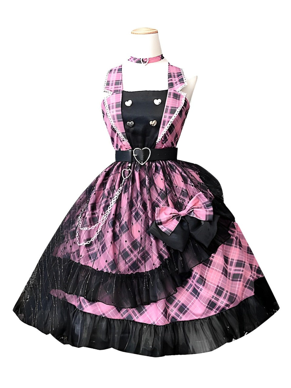 Punk Lolita Pink-Black with Bow Ruffle Plaid Cake Dress Jumper Skirt Party