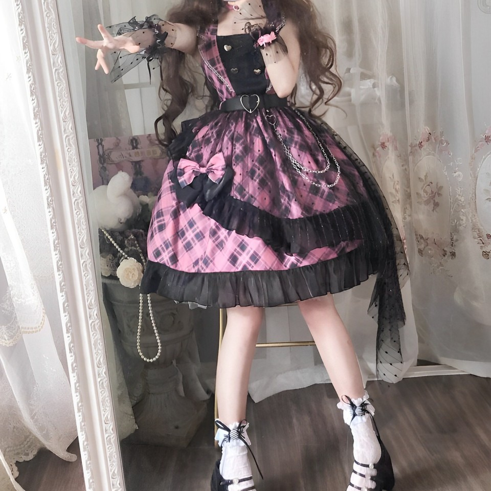 Punk Lolita Pink-Black with Bow Ruffle Plaid Cake Dress Jumper Skirt Party