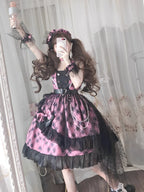 Punk Lolita Pink-Black with Bow Ruffle Plaid Cake Dress Jumper Skirt Party