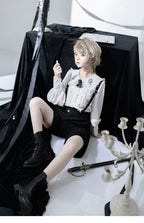 Ouji Fashion Black White Set Ruffled Shirt Suspender Shorts Versatile Academy Shirt Overalls