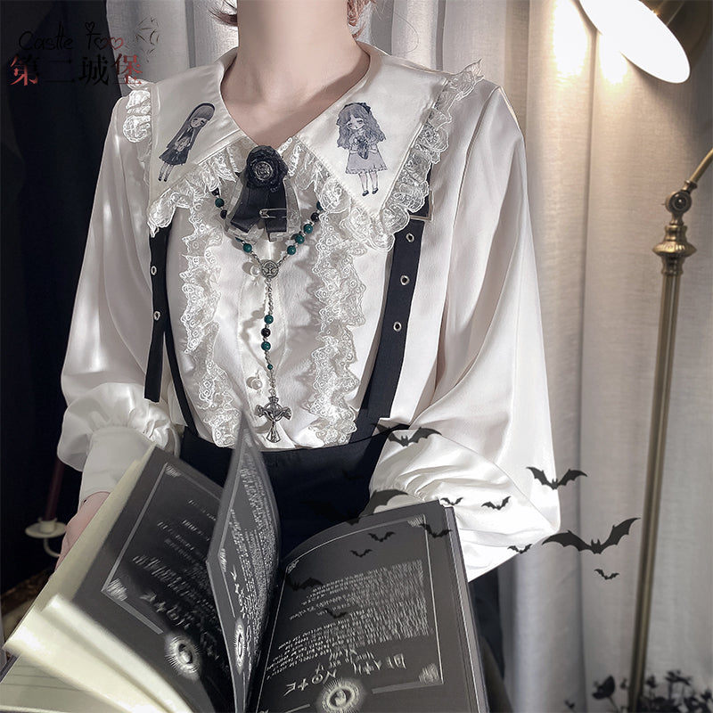 Ouji Fashion Black White Set Ruffled Shirt Suspender Shorts Versatile Academy Shirt Overalls