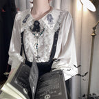 Ouji Fashion Black White Set Ruffled Shirt Suspender Shorts Versatile Academy Shirt Overalls