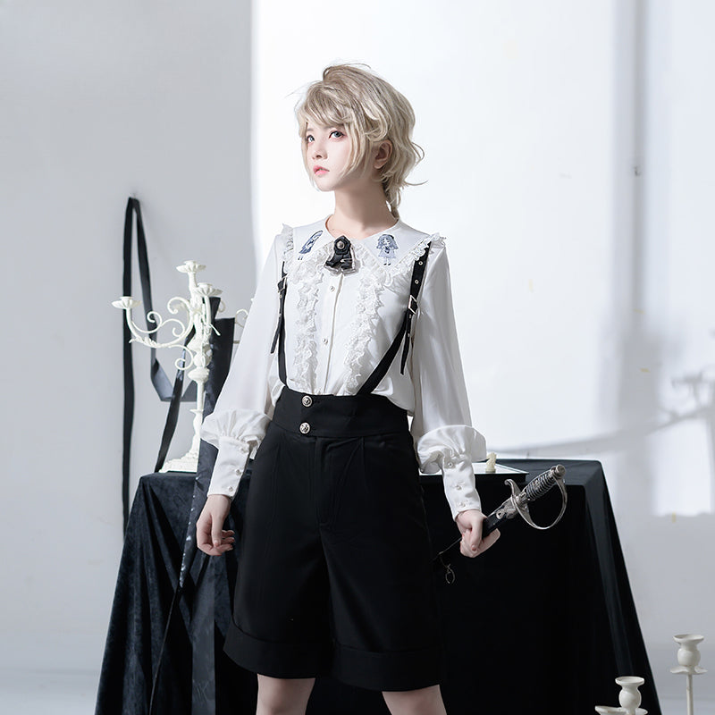 Ouji Fashion Black White Set Ruffled Shirt Suspender Shorts Versatile Academy Shirt Overalls