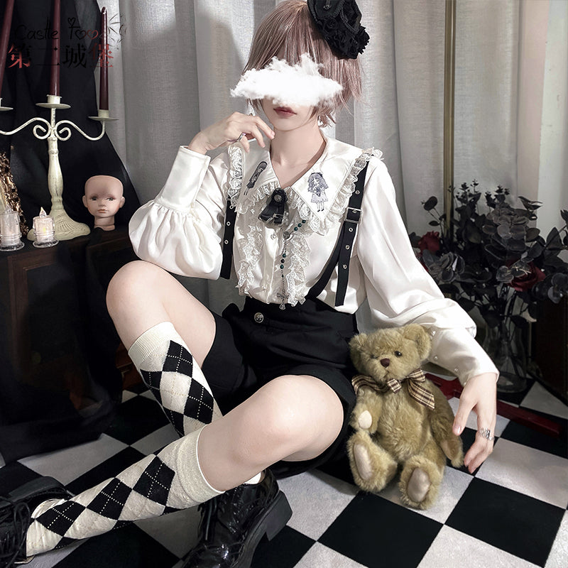 Ouji Fashion Black White Set Ruffled Shirt Suspender Shorts Versatile Academy Shirt Overalls