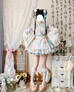 Qi Lolita Sweet Grass Green Printed Flower Long-sleeve Short Cake Dress