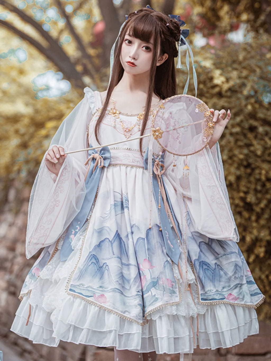 Qi Lolita Blue Black Ink Landscape Painter Long Sleeve Polyester
