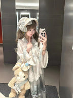 Qi Lolita JSK White with Blue Long-sleeved Long Dress Fluffy Gauze Skirt Lace Skirt