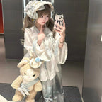 Qi Lolita JSK White with Blue Long-sleeved Long Dress Fluffy Gauze Skirt Lace Skirt