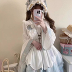 Qi Lolita JSK White with Blue Long-sleeved Long Dress Fluffy Gauze Skirt Lace Skirt