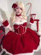 Sweet Lolita Red Christmas Dress Lolita Bow Autumn and Winter Atmosphere Dress Short Skirt