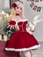 Sweet Lolita Red Christmas Dress Lolita Bow Autumn and Winter Atmosphere Dress Short Skirt