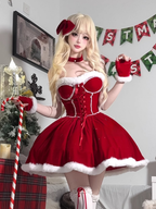 Sweet Lolita Red Christmas Dress Lolita Bow Autumn and Winter Atmosphere Dress Short Skirt