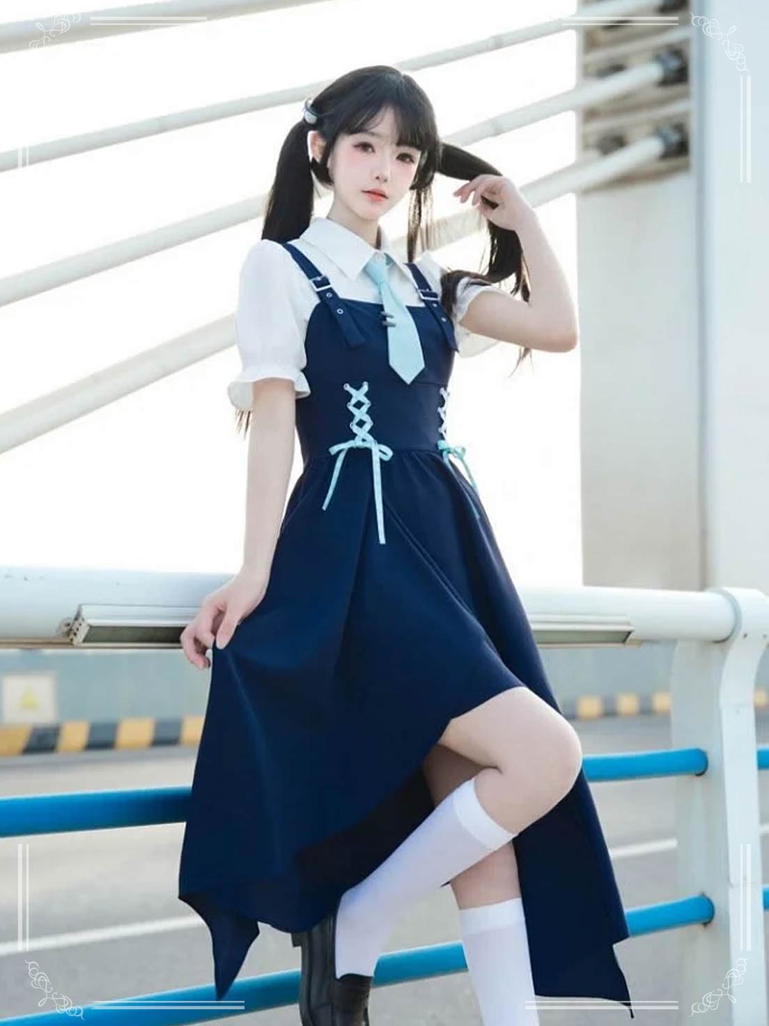 School Style Navy Blue Pinafore Dress Set Asymmetrical Summer Light Lolita