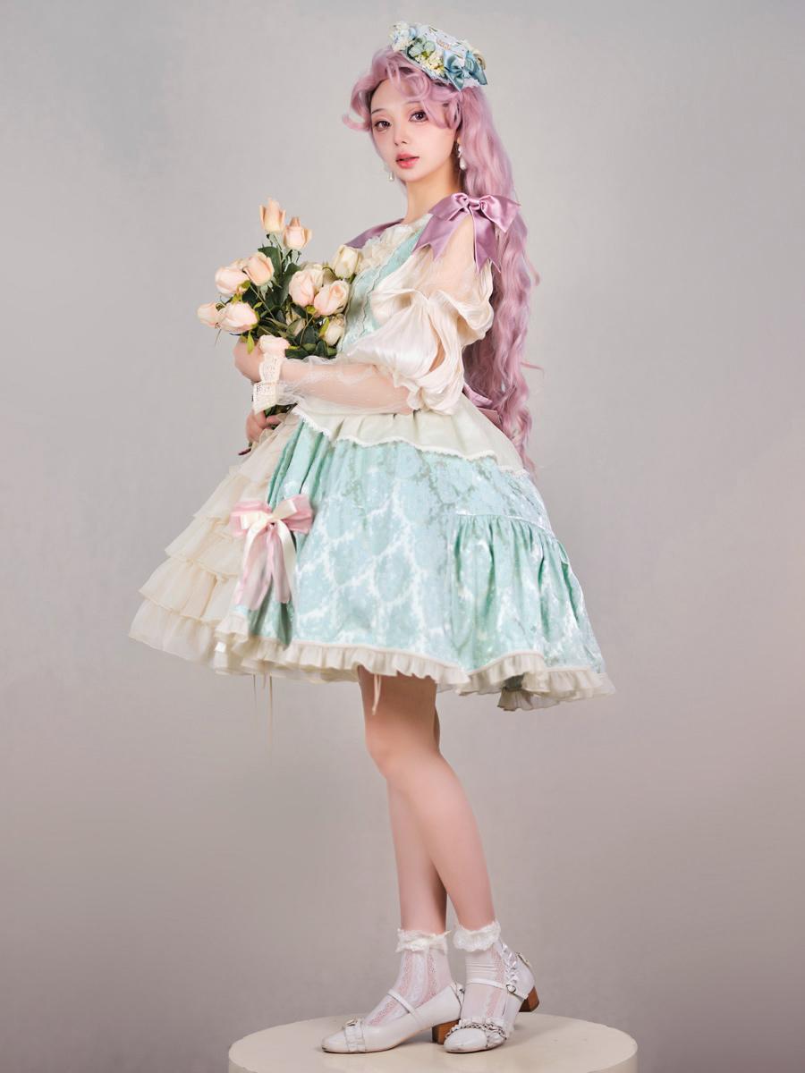 Sweet Lolita Mint Green Sleeveless Jacquard Cake Dress with Bow